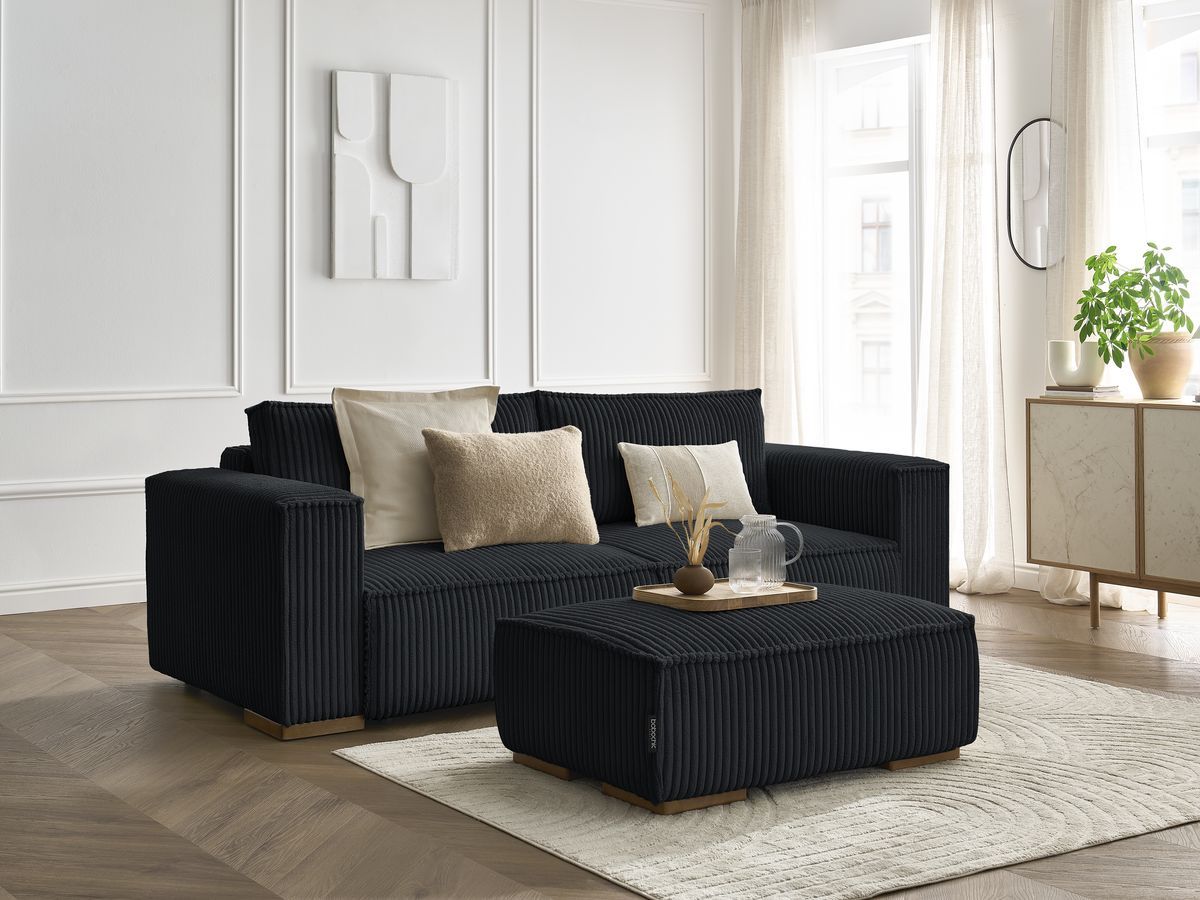 Canapé droit convertible coffre CHELSEA gros côtelé doux avec pouf
