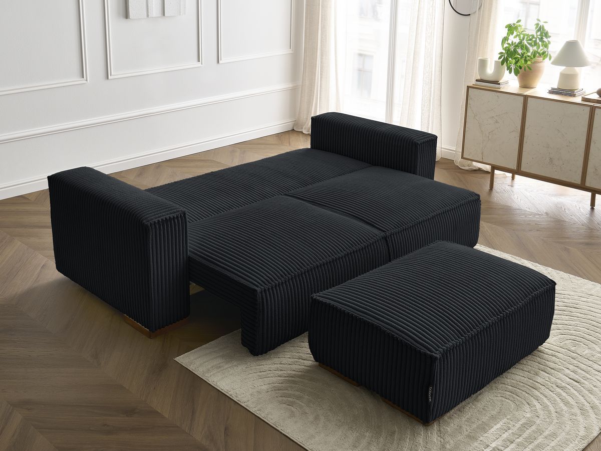 Canapé droit convertible coffre CHELSEA gros côtelé doux avec pouf