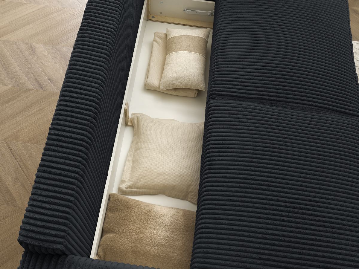 Canapé droit convertible coffre CHELSEA gros côtelé doux avec pouf