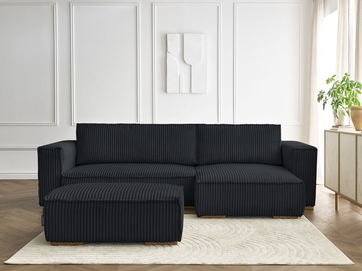 Canapé d'angle convertible réversible coffre CHELSEA gros côtelé doux avec pouf noir — vue 5