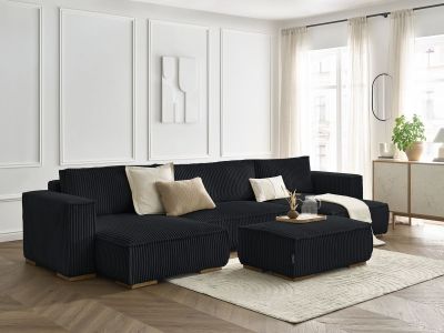 Canapé panoramique convertible coffre CHELSEA gros côtelé doux avec pouf