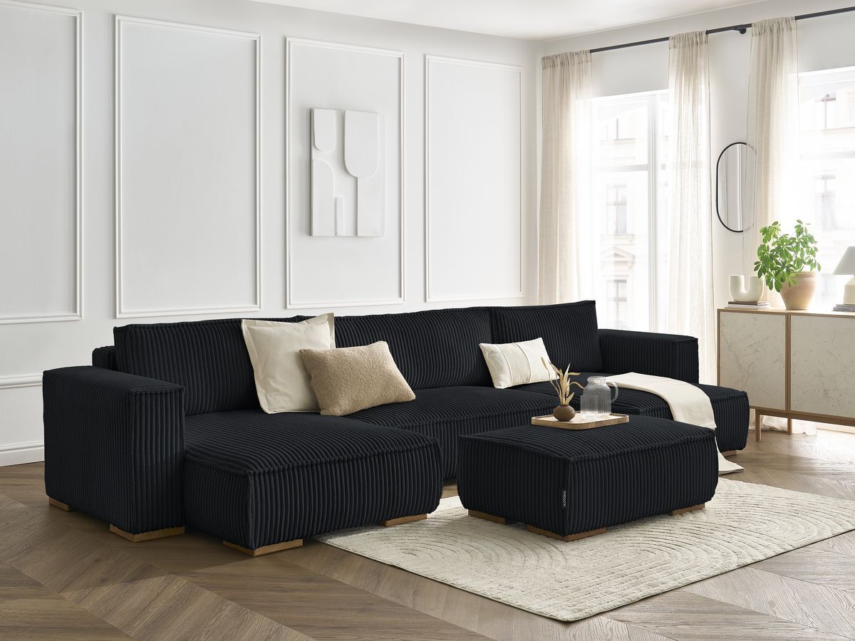 Canapé panoramique convertible coffre CHELSEA gros côtelé doux avec pouf