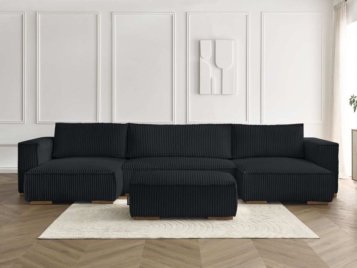 Canapé panoramique convertible coffre CHELSEA gros côtelé doux avec pouf noir — vue 5