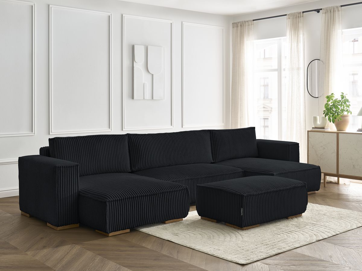 Canapé panoramique convertible coffre CHELSEA gros côtelé doux avec pouf