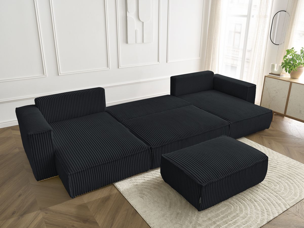 Canapé panoramique convertible coffre CHELSEA gros côtelé doux avec pouf