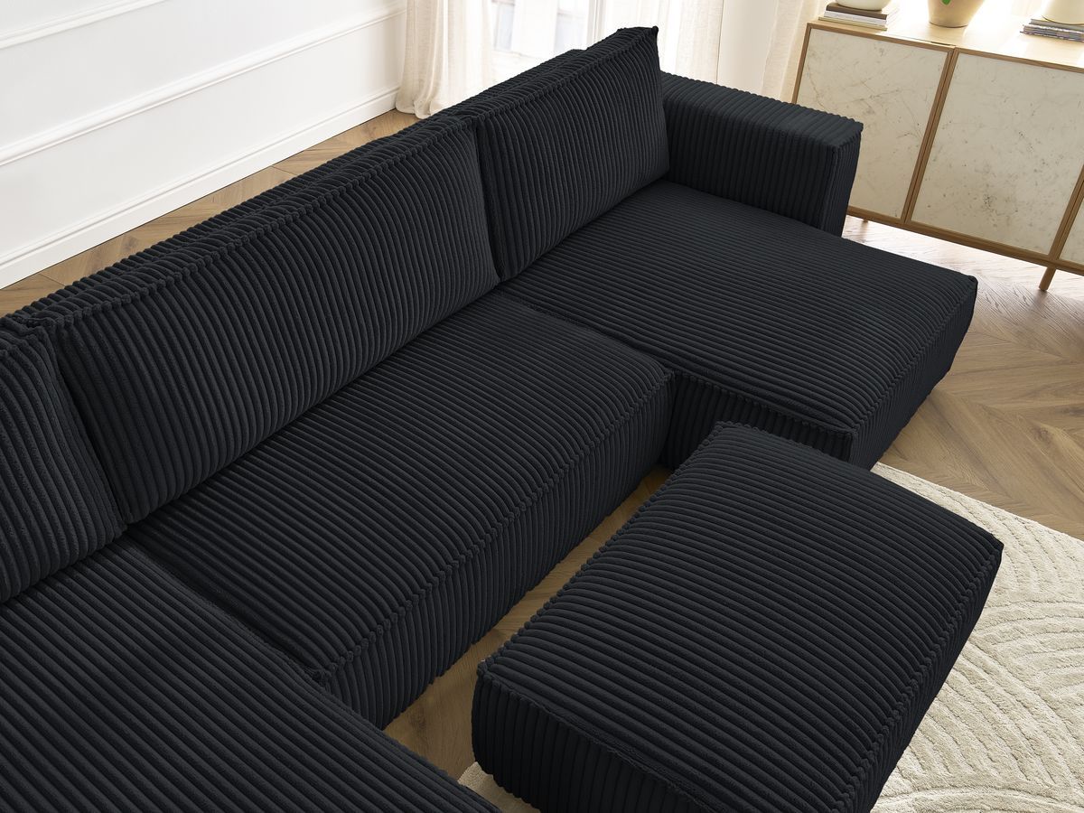 Canapé panoramique convertible coffre CHELSEA gros côtelé doux avec pouf