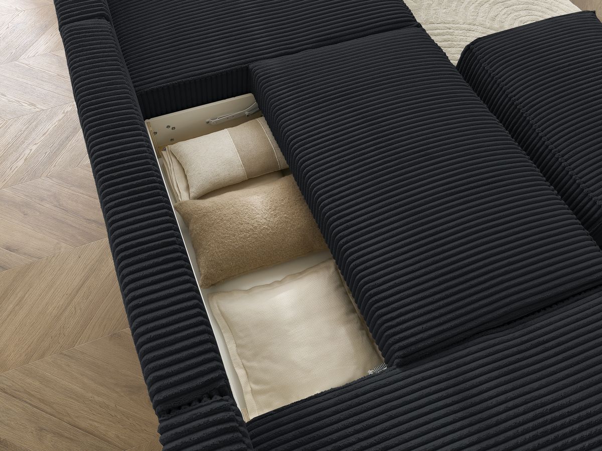 Canapé panoramique convertible coffre CHELSEA gros côtelé doux avec pouf