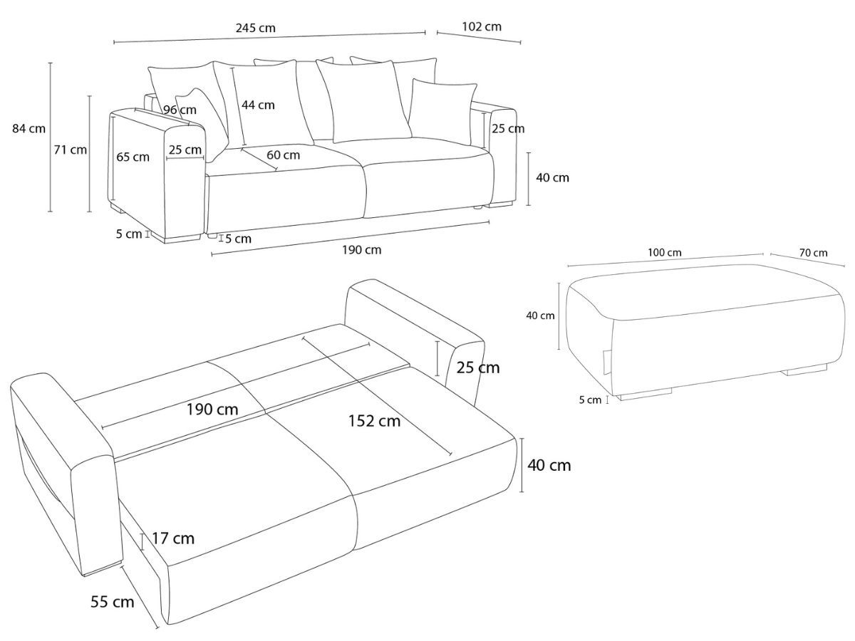 Canapé droit convertible SIDONIE tissu chiné avec pouf