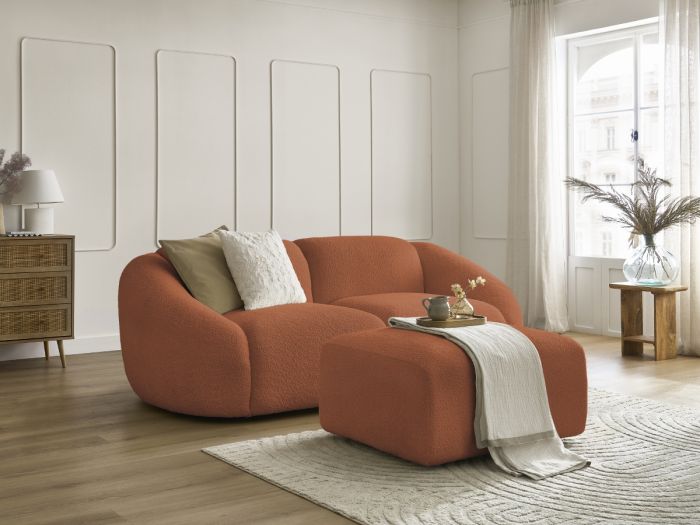 Canapé droit fixe 2 places TINA tissu bouclette avec pouf