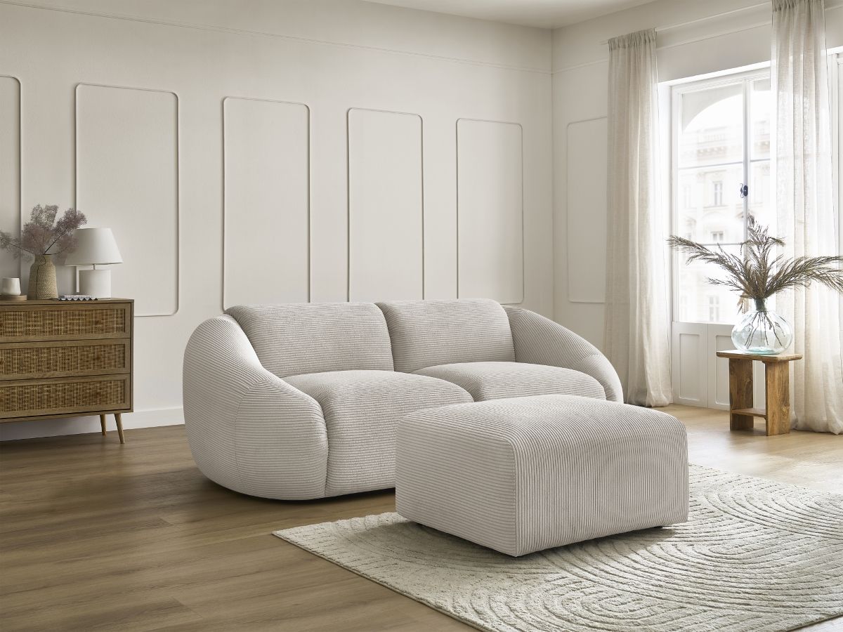 Canapé droit fixe 2 places TINA velours côtelé avec pouf