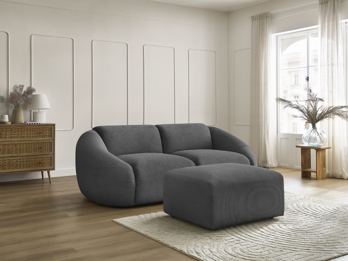 Canapé droit fixe 2 places TINA velours côtelé avec pouf