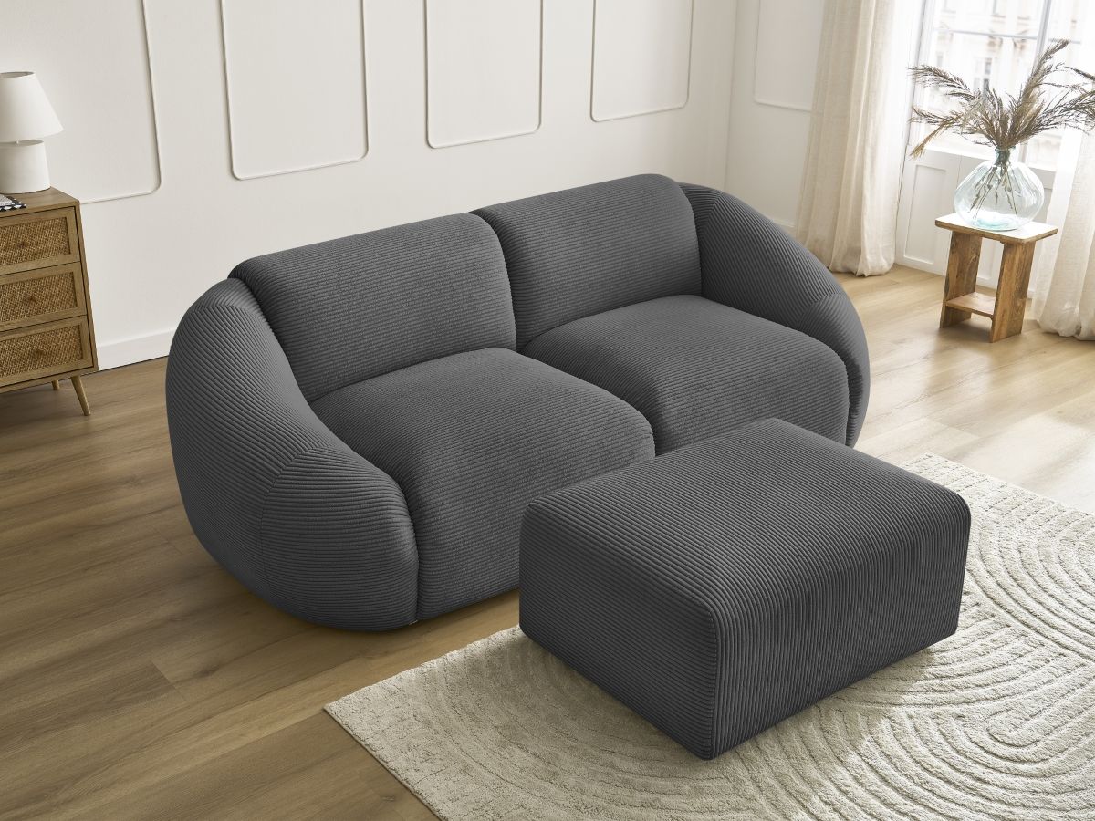 Canapé droit fixe 2 places TINA velours côtelé avec pouf