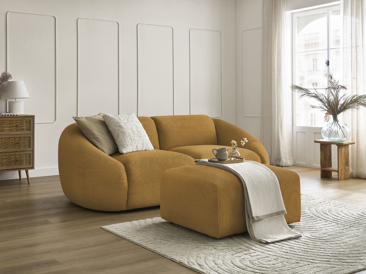 Canapé droit fixe 2 places TINA velours côtelé avec pouf