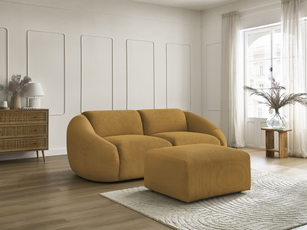 Canapé droit fixe 2 places TINA velours côtelé avec pouf