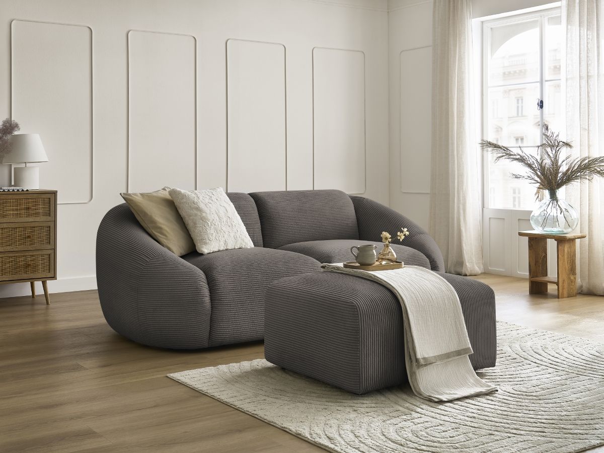 Canapé droit fixe 2 places TINA velours côtelé avec pouf