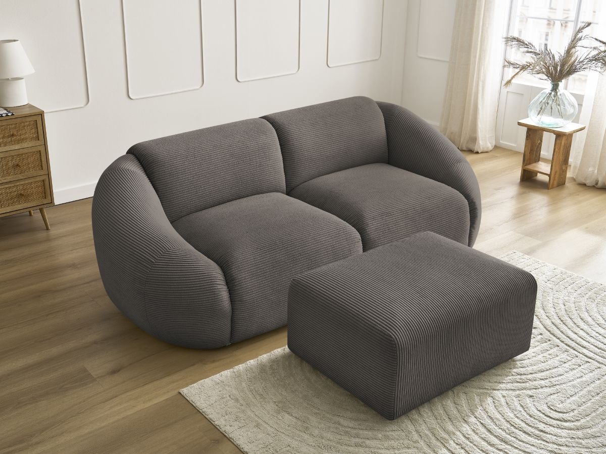 Canapé droit fixe 2 places TINA velours côtelé avec pouf