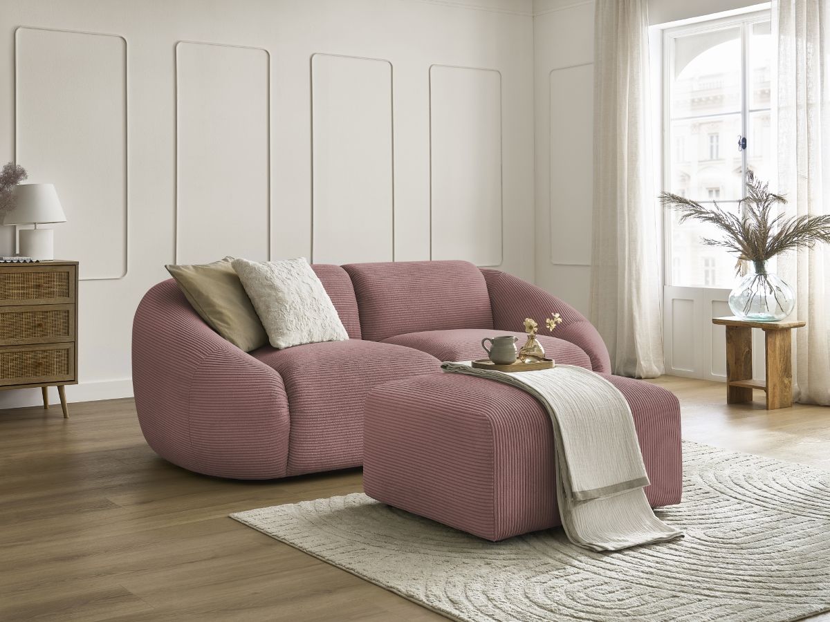 Canapé droit fixe 2 places TINA velours côtelé avec pouf
