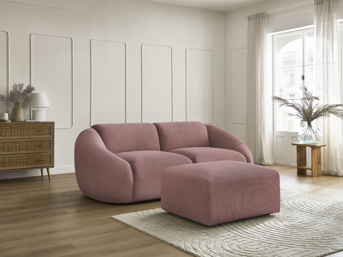 Canapé droit fixe 2 places TINA velours côtelé avec pouf