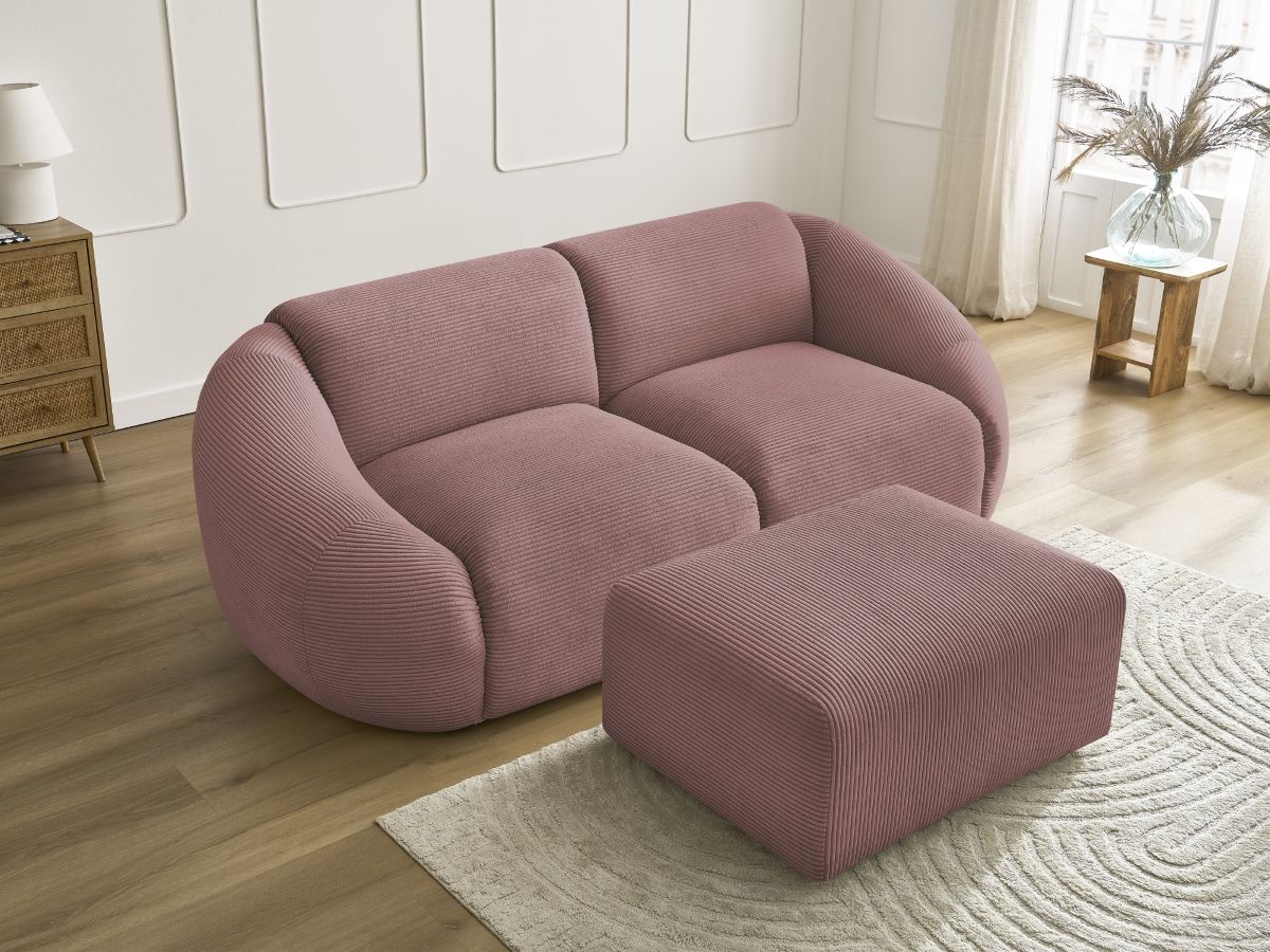 Canapé droit fixe 2 places TINA velours côtelé avec pouf