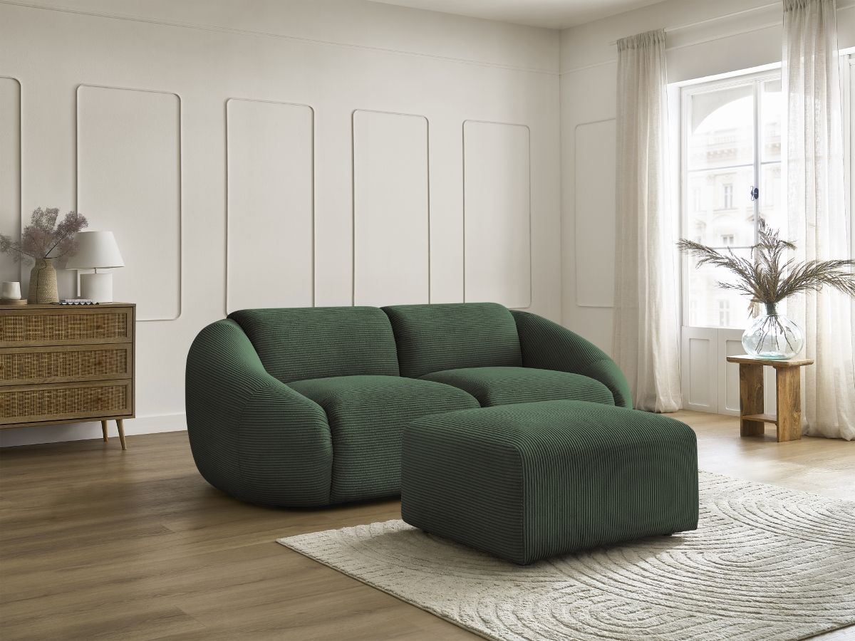Canapé droit fixe 2 places TINA velours côtelé avec pouf