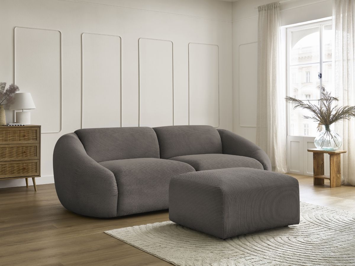 Canapé droit fixe 3 places TINA velours côtelé avec pouf taupe   BOBOCHIC - Vue supplémentaire 3