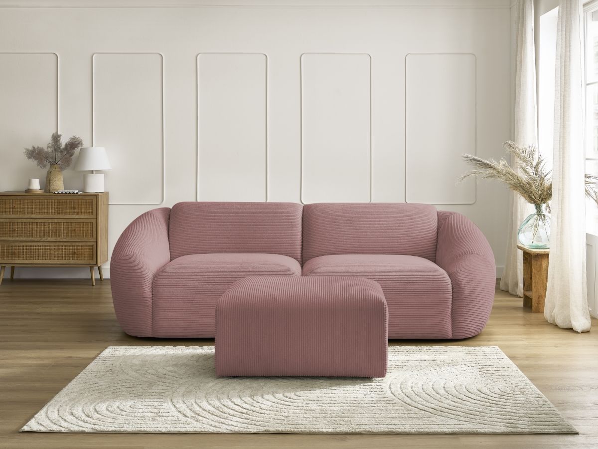 Canapé droit 3 places TINA velours côtelé avec pouf rose — vue 6