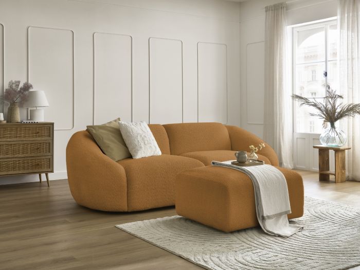 Canapé droit fixe 3 places TINA tissu bouclette avec pouf