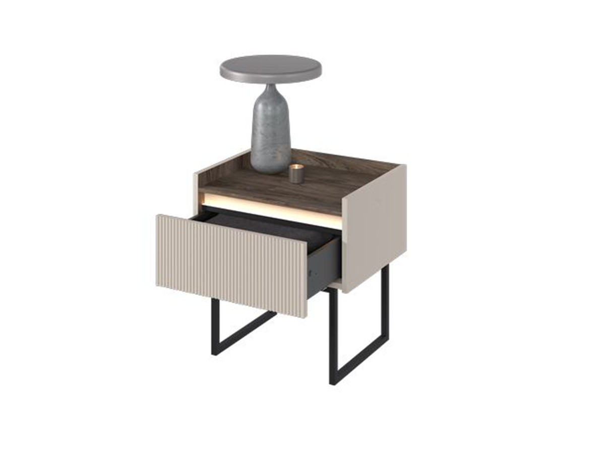 Table de chevet 1 tiroir LOUNA beige et effet bois avec tasseaux et LED — vue 6