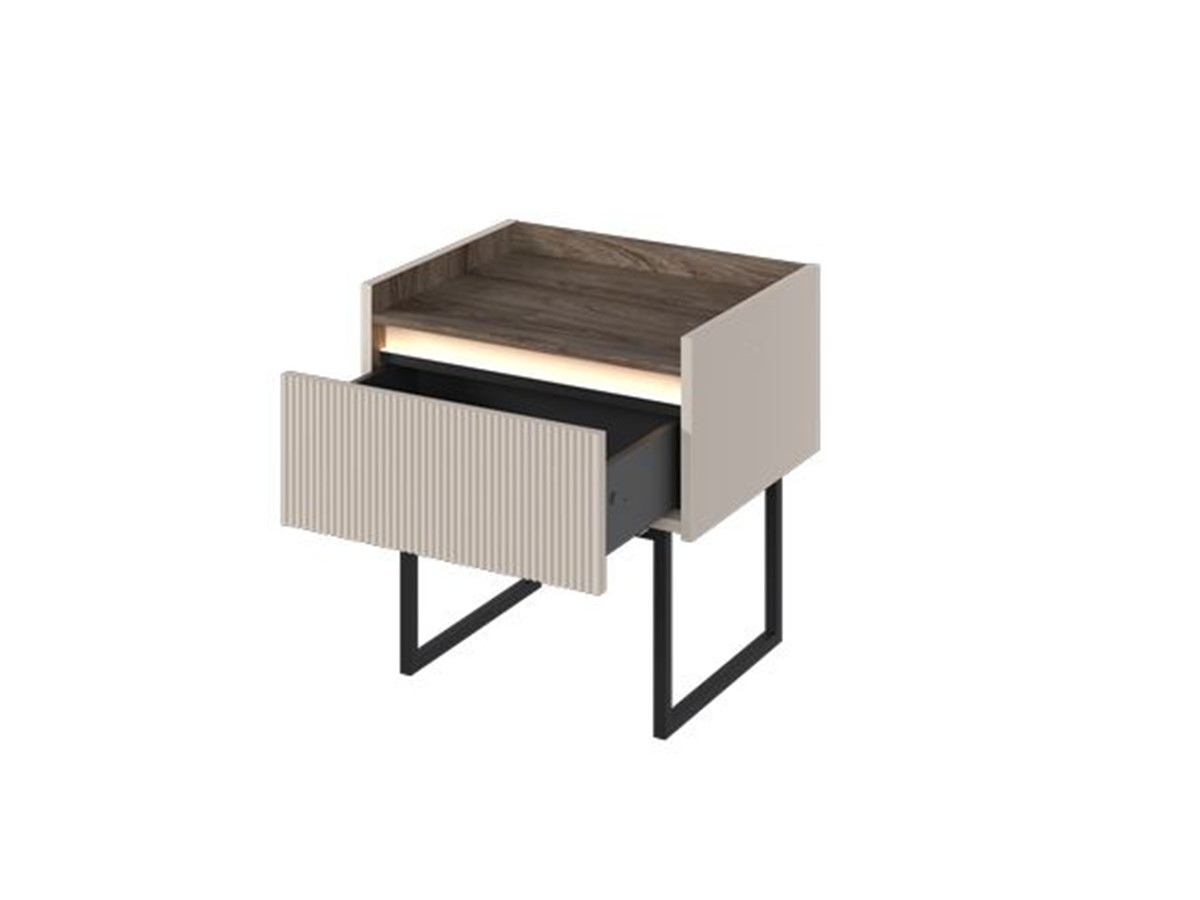 Table de chevet 1 tiroir LOUNA beige et effet bois avec tasseaux et LED