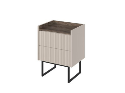 Table de chevet 2 tiroirs LOUNA beige et effet bois avec tasseaux et LED