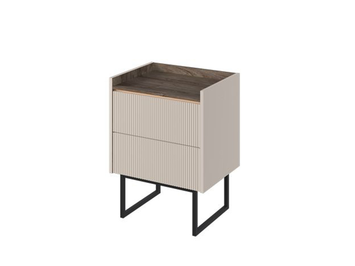 LOUNA Nachtkastje met 2 laden in beige en houtlook met lamellen en led-verlichting