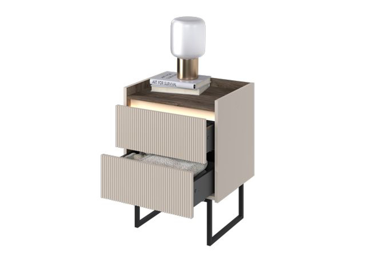Table de chevet 2 tiroirs LOUNA beige et effet bois avec tasseaux et LED — vue 6