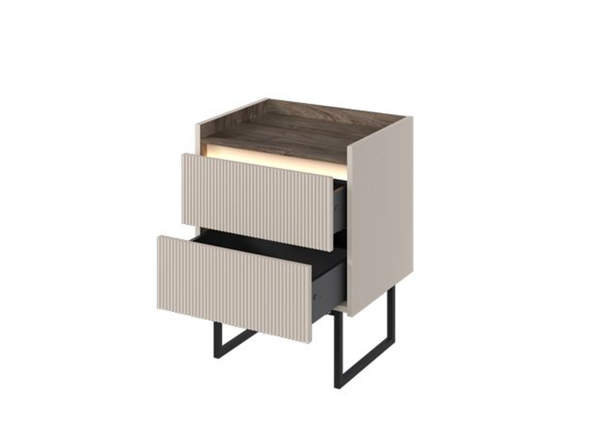 LOUNA Nachtkastje met 2 laden in beige en houtlook met lamellen en led-verlichting