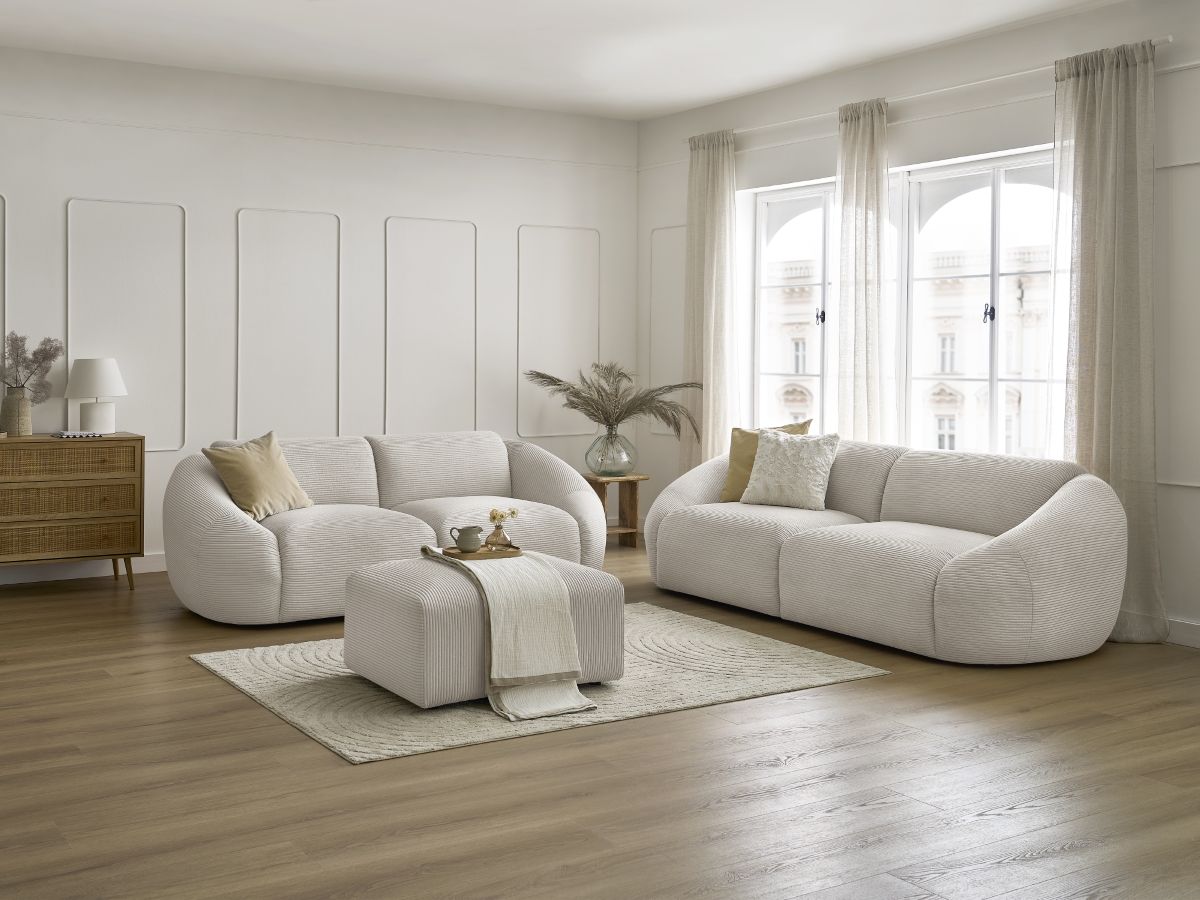 Ensemble canapé droit fixe 3 + 2 places TINA velours côtelé avec pouf