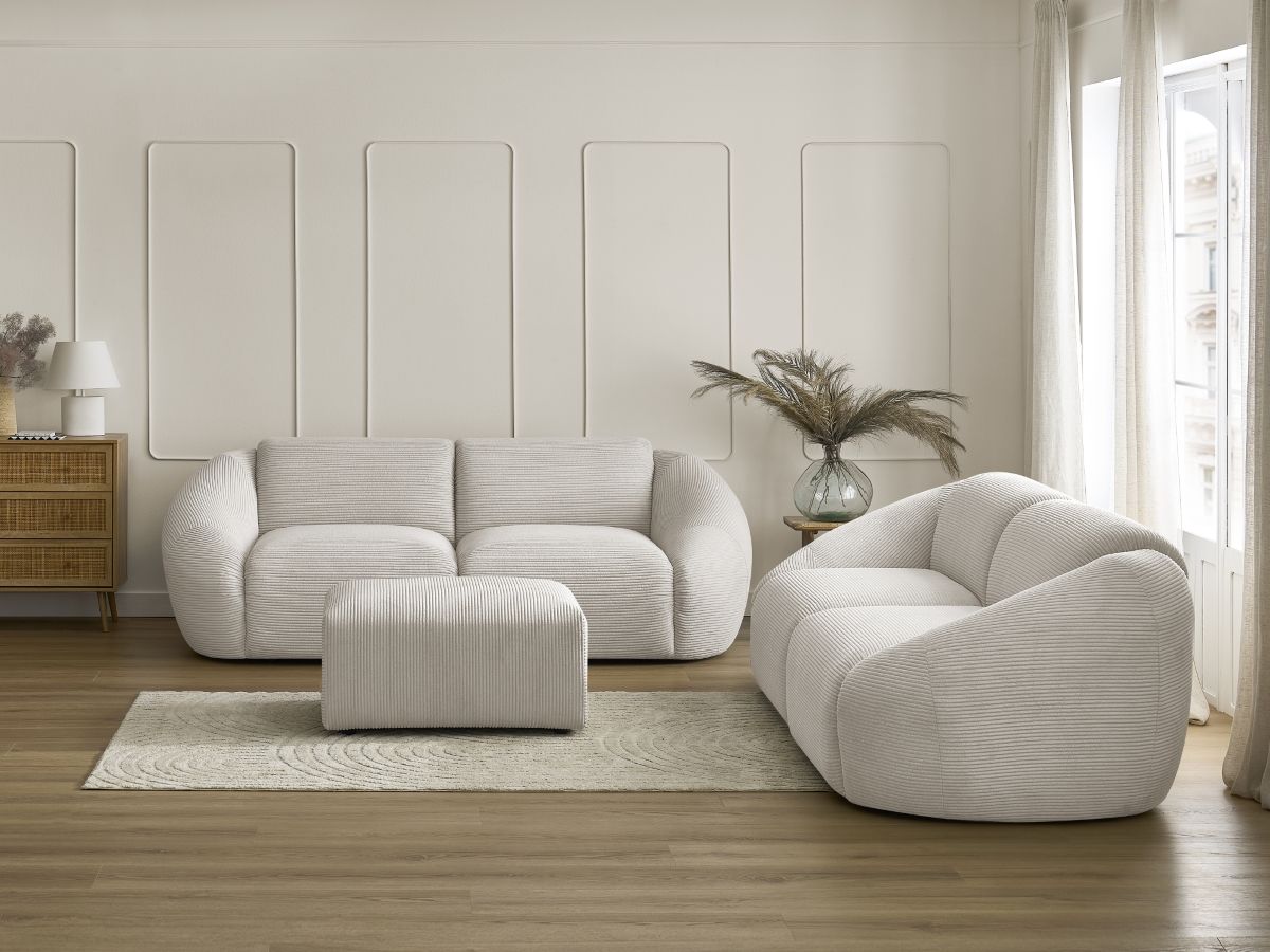 Ensemble canapé droit fixe 3 + 2 places TINA velours côtelé avec pouf