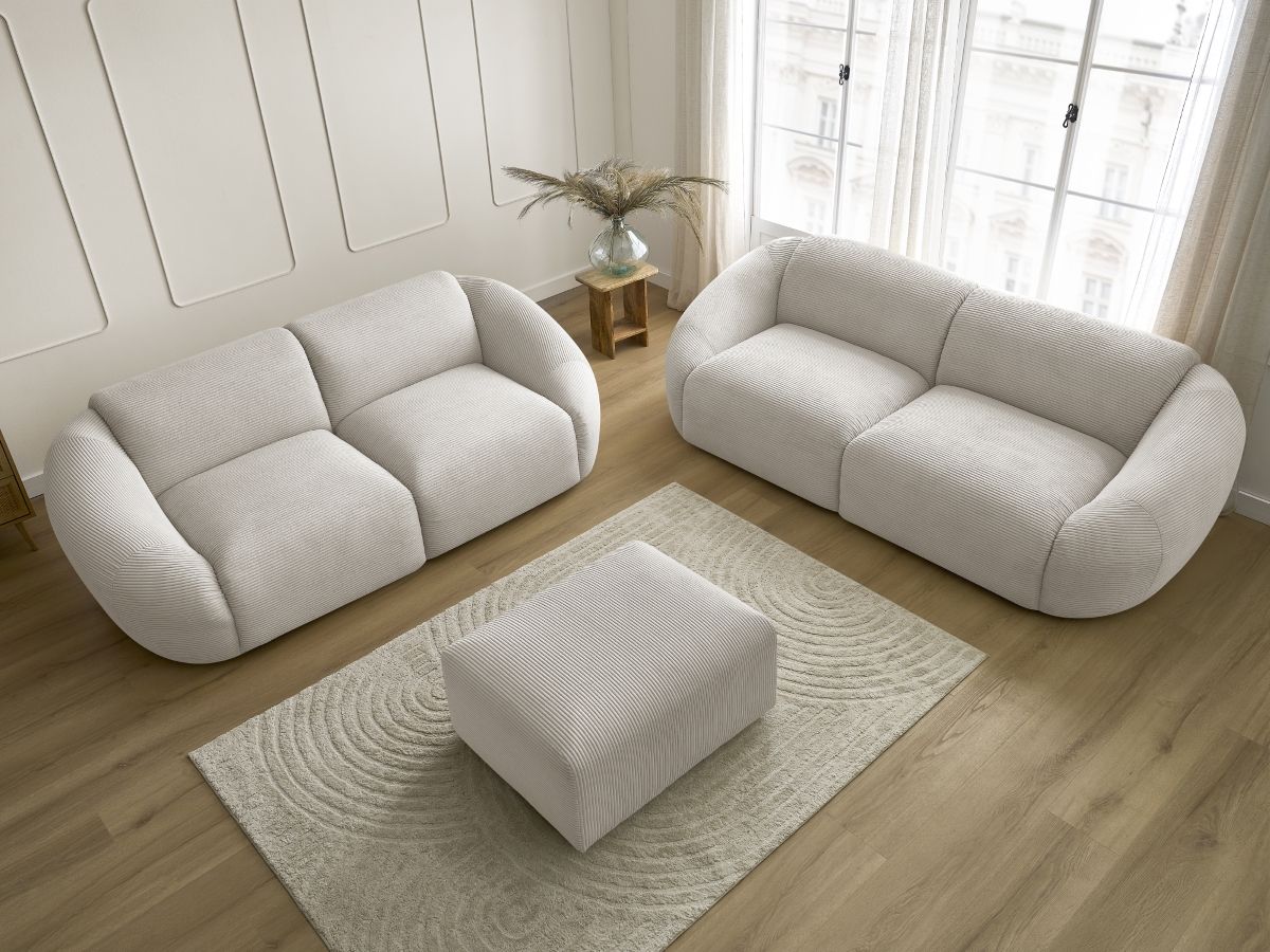 Ensemble canapé droit fixe 3 + 2 places TINA velours côtelé avec pouf
