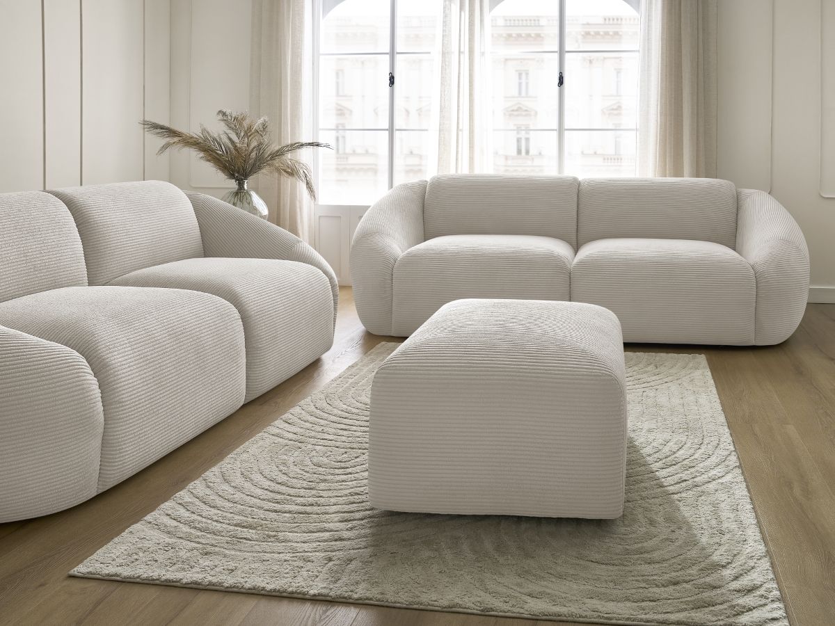 Ensemble canapé droit fixe 3 + 2 places TINA velours côtelé avec pouf