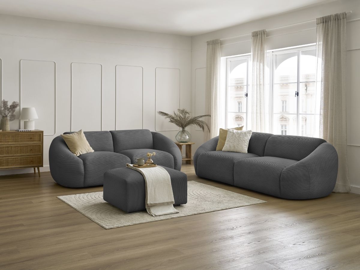 Ensemble canapé droit fixe 3 + 2 places TINA velours côtelé avec pouf gris foncé   BOBOCHIC