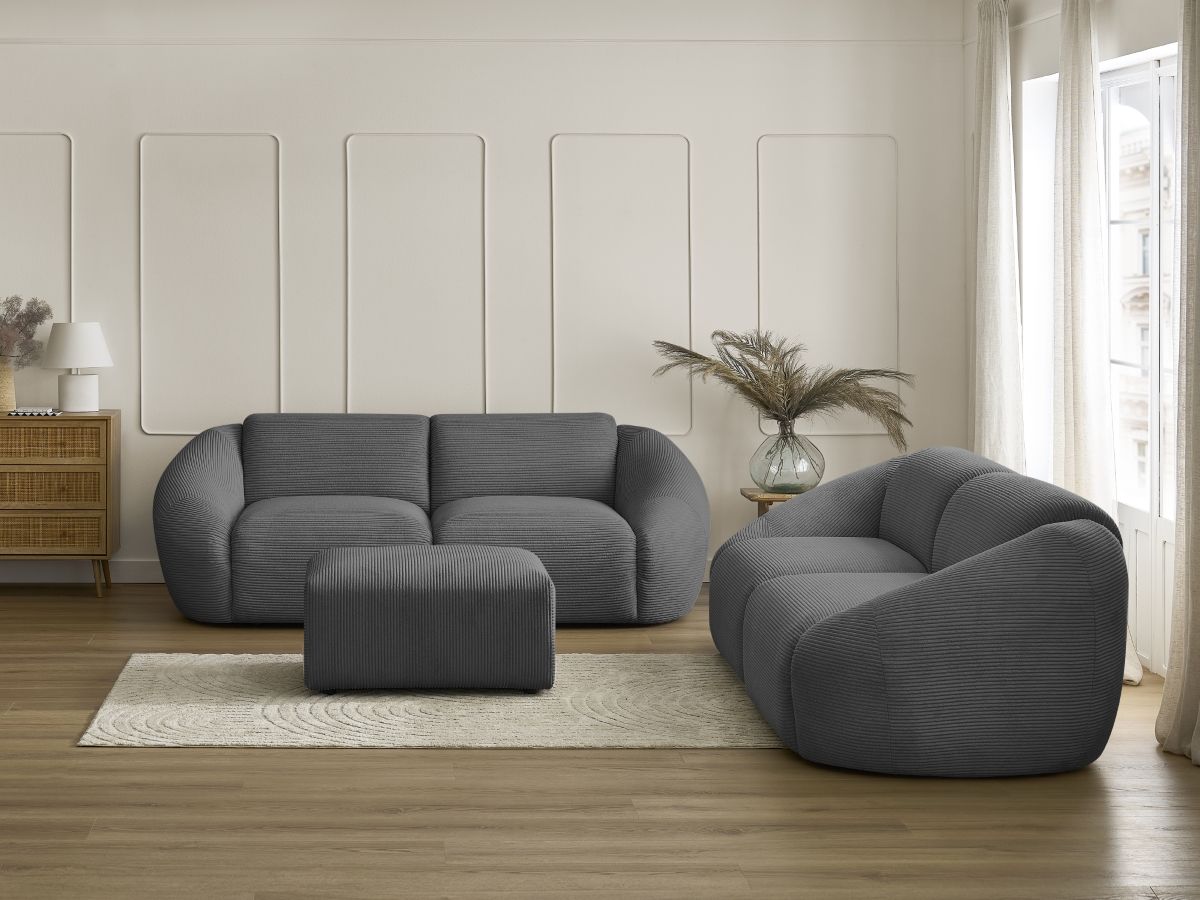 Ensemble canapé droit fixe 3 + 2 places TINA velours côtelé avec pouf