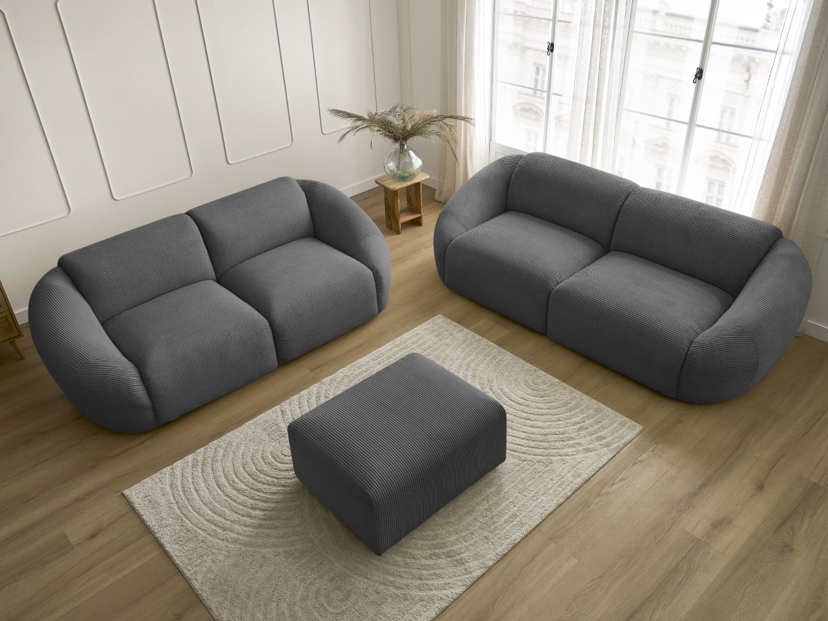 Ensemble canapé droit fixe 3 + 2 places TINA velours côtelé avec pouf