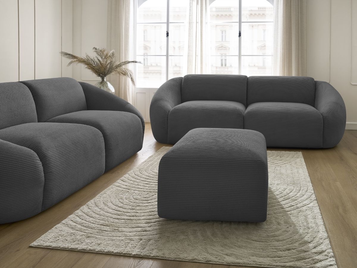 Ensemble canapé droit fixe 3 + 2 places TINA velours côtelé avec pouf