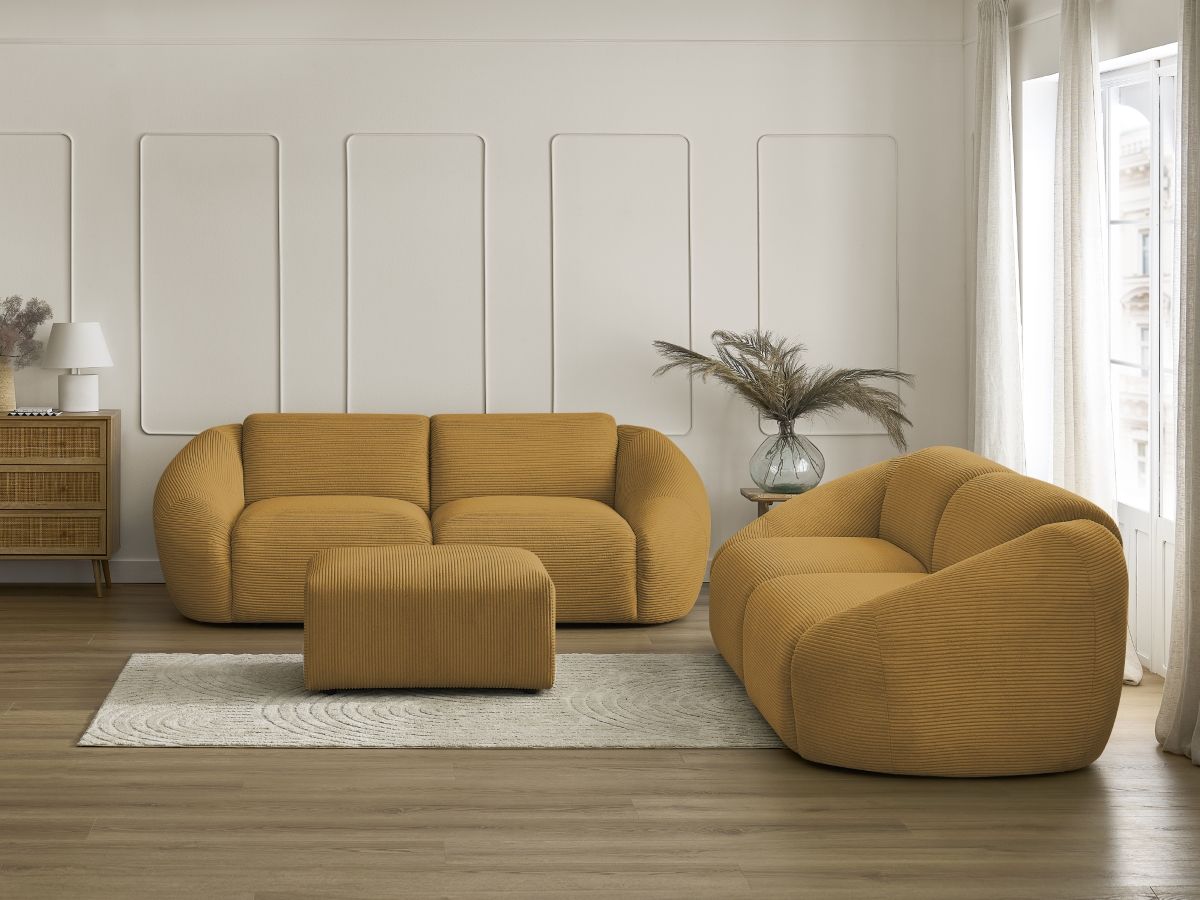 Ensemble canapé droit fixe 3 + 2 places TINA velours côtelé avec pouf