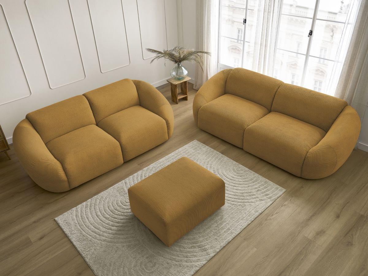 Ensemble canapé droit fixe 3 + 2 places TINA velours côtelé avec pouf