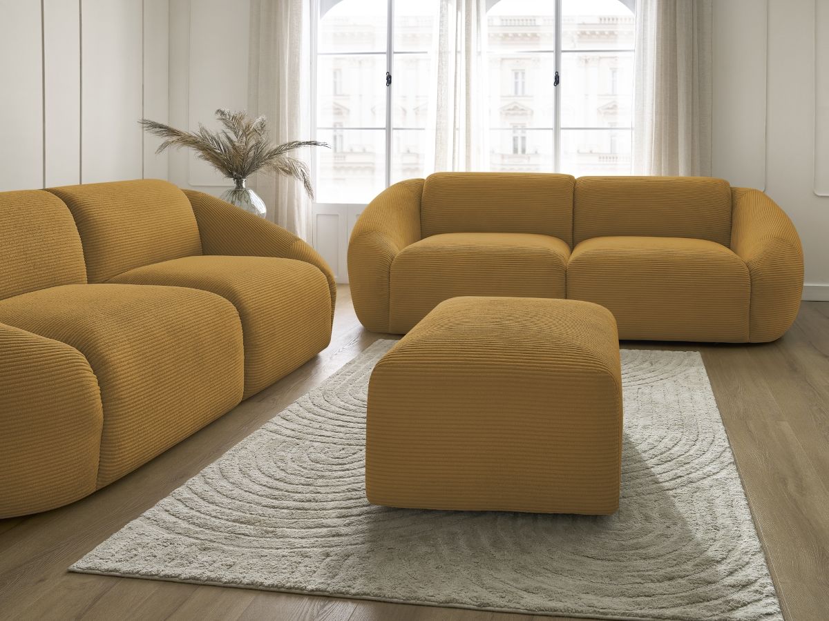Ensemble canapé droit fixe 3 + 2 places TINA velours côtelé avec pouf