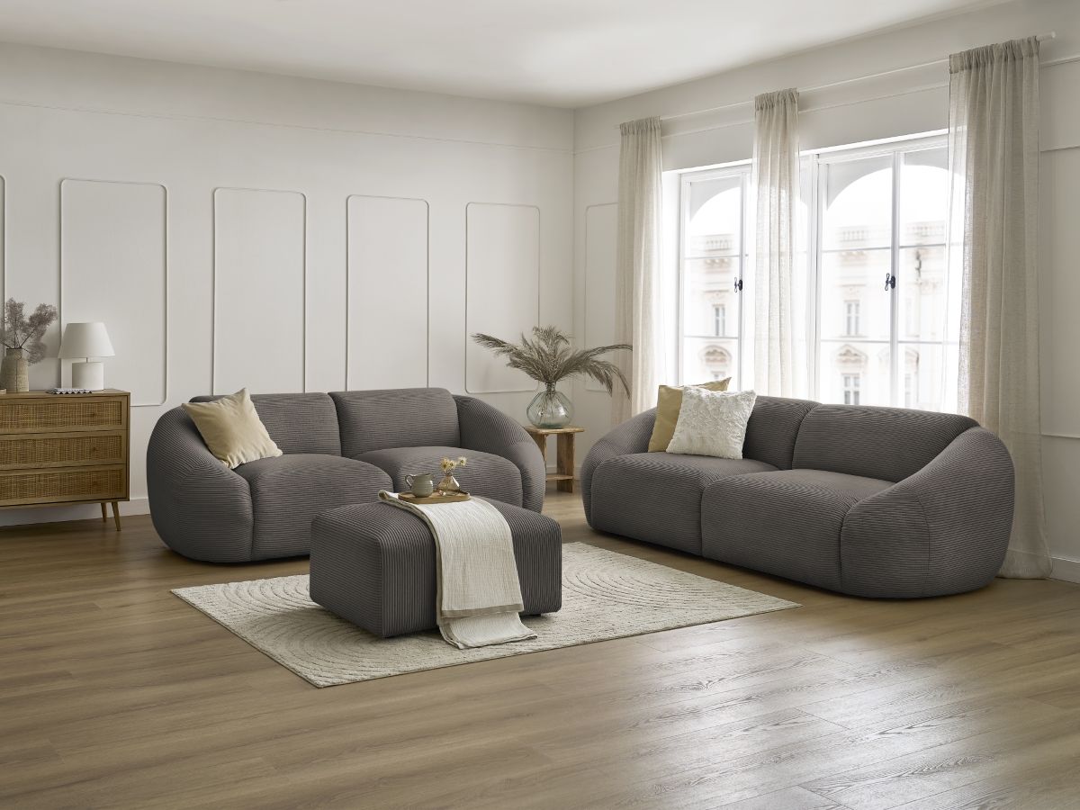 Ensemble canapé droit fixe 3 + 2 places TINA velours côtelé avec pouf taupe   BOBOCHIC