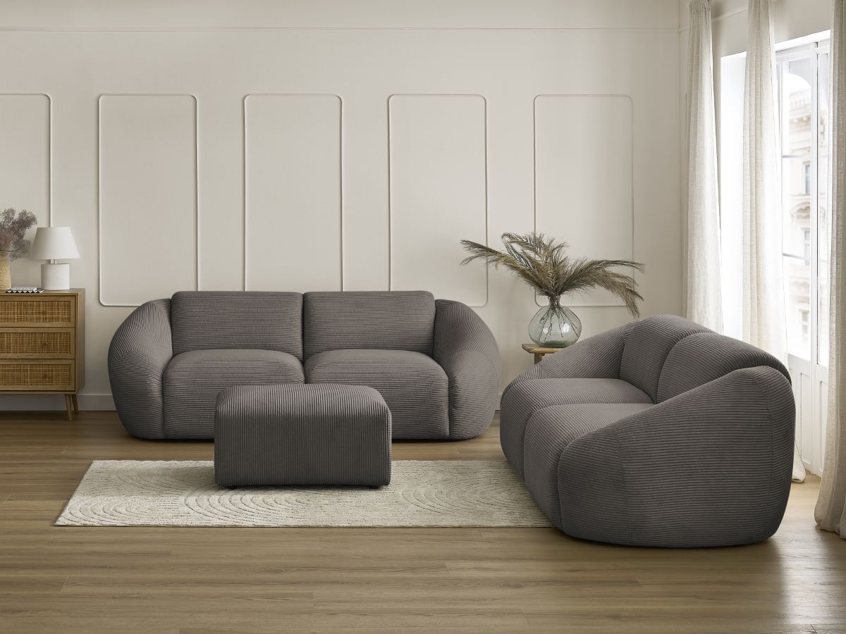 Ensemble canapé droit fixe 3 + 2 places TINA velours côtelé avec pouf