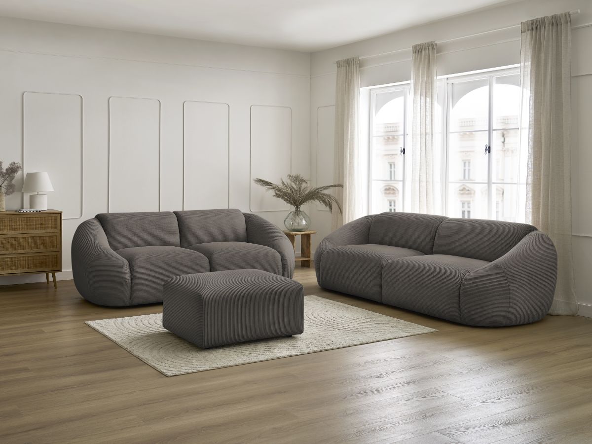 Ensemble canapé droit fixe 3 + 2 places TINA velours côtelé avec pouf taupe   BOBOCHIC - Vue supplémentaire 3