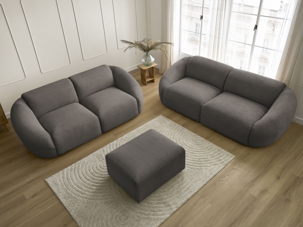 Ensemble canapé droit fixe 3 + 2 places TINA velours côtelé avec pouf
