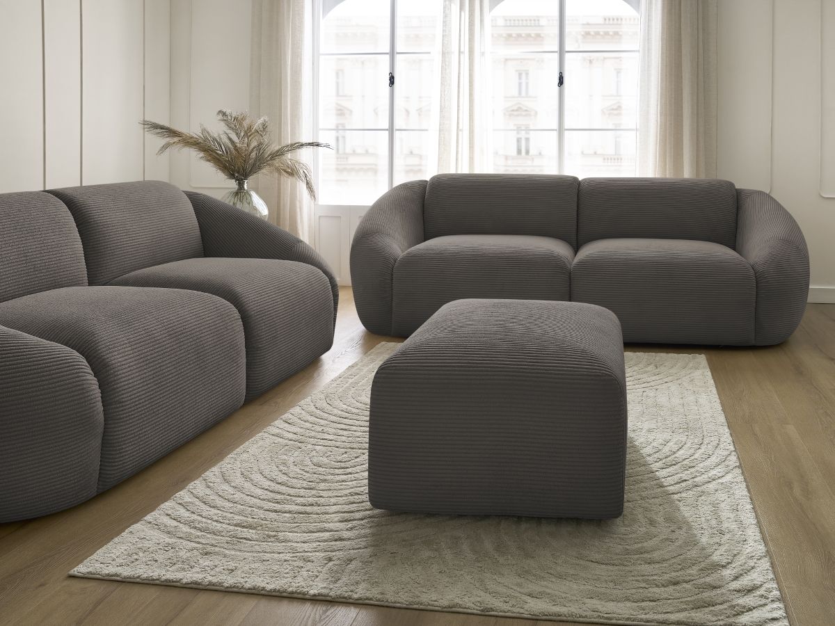 Ensemble canapé droit fixe 3 + 2 places TINA velours côtelé avec pouf