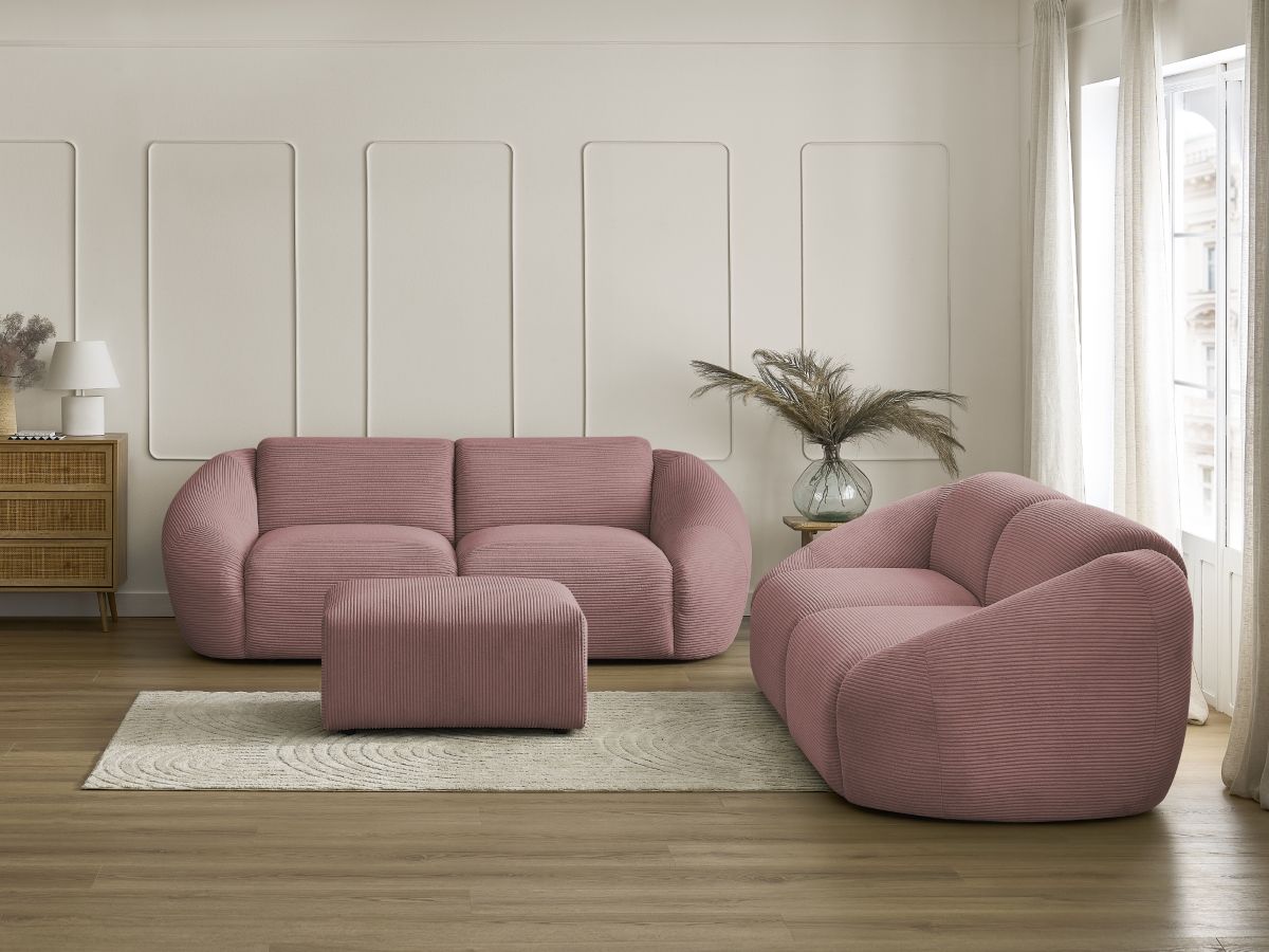 Ensemble canapé droit fixe 3 + 2 places TINA velours côtelé avec pouf